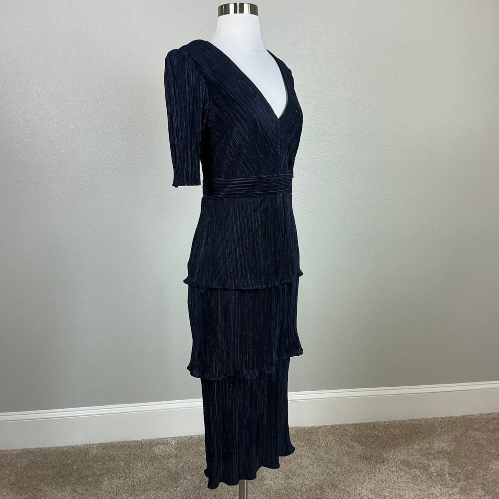 XSCAPE Pleated Sparkly Chiffon Midi Sheath Cocktail Dress Navy Blue Size 8 - Picture 3 of 13